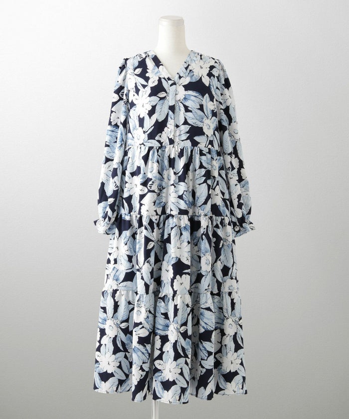 花柄 ティアード ワンピース レディース 大花柄 フラワー エレガント ロング丈 ネイビー/ブラック/M/長袖