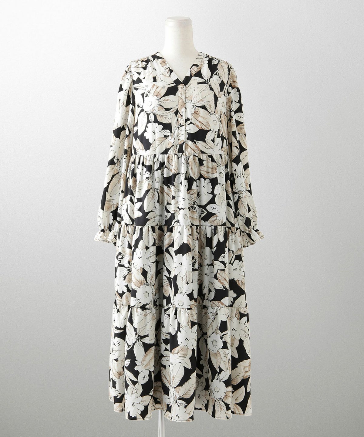 花柄 ティアード ワンピース レディース 大花柄 フラワー エレガント ロング丈 ネイビー/ブラック/M/長袖