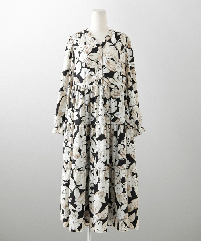 花柄 ティアード ワンピース レディース 大花柄 フラワー エレガント ロング丈 ネイビー/ブラック/M/長袖