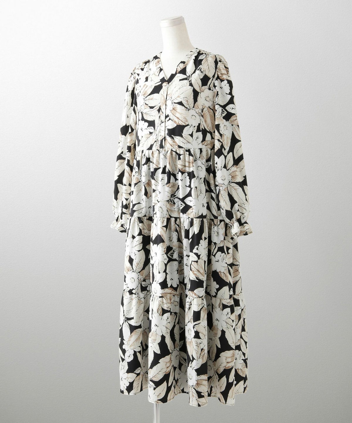 花柄 ティアード ワンピース レディース 大花柄 フラワー エレガント ロング丈 ネイビー/ブラック/M/長袖