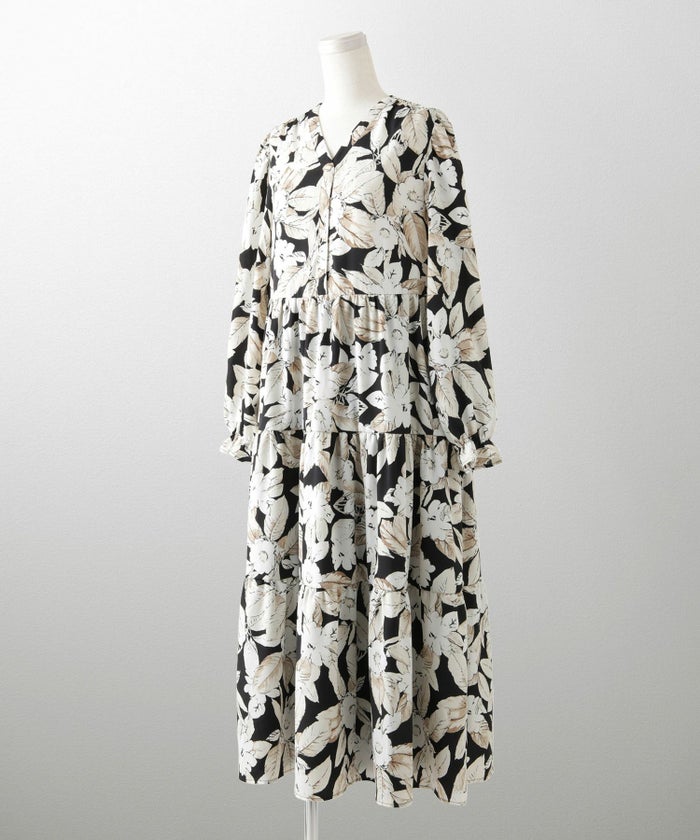 花柄 ティアード ワンピース レディース 大花柄 フラワー エレガント ロング丈 ネイビー/ブラック/M/長袖