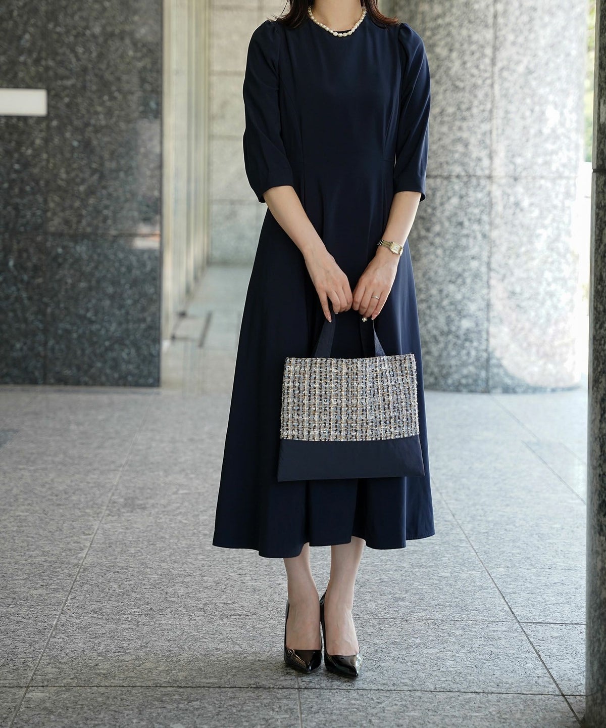 レディース バッグ 無地 ツイード 異素材 オケージョン 春 夏 秋 冬 サブバッグ ネイビー ブラック フリー