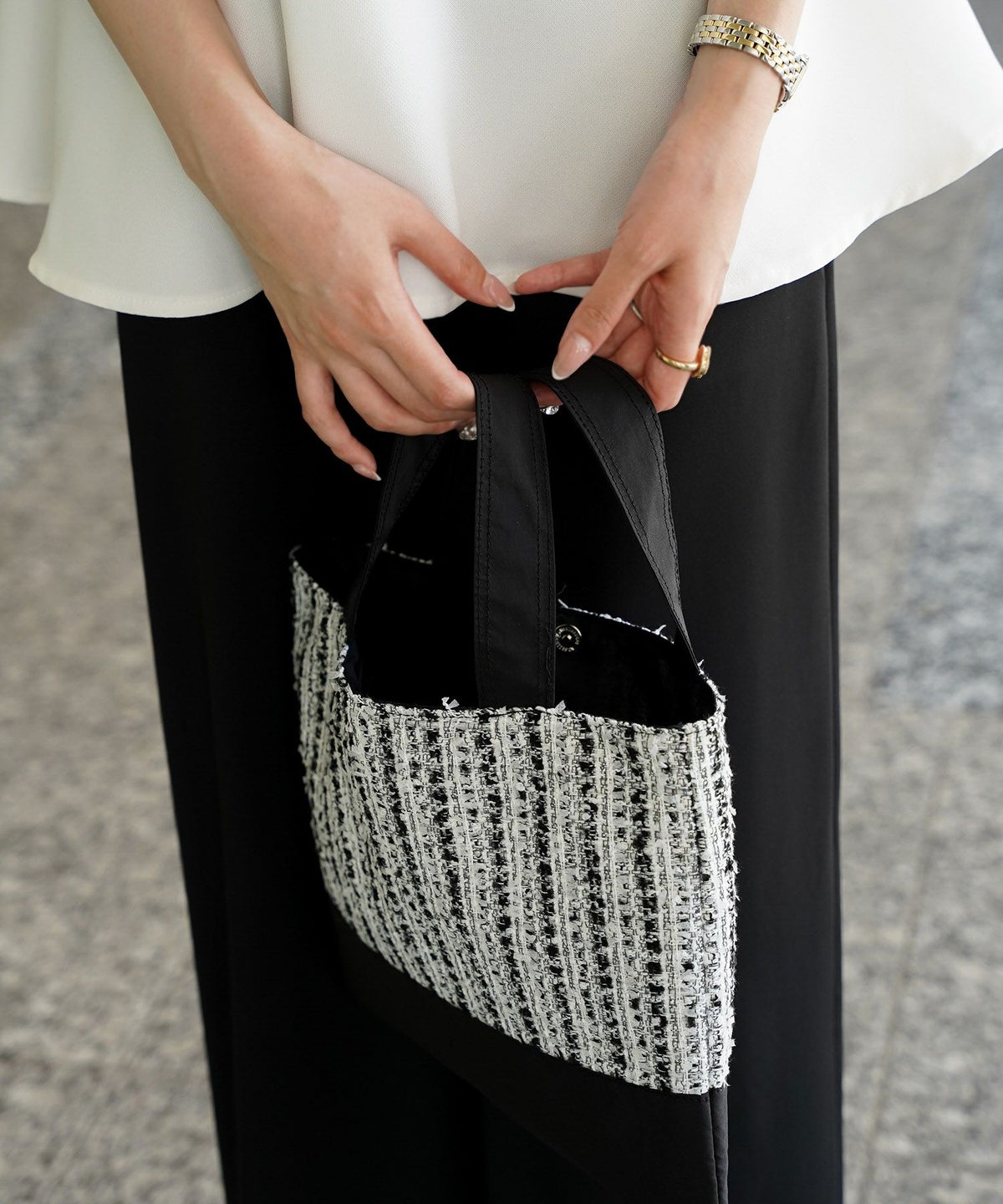 レディース バッグ 無地 ツイード 異素材 オケージョン 春 夏 秋 冬 サブバッグ ネイビー ブラック フリー