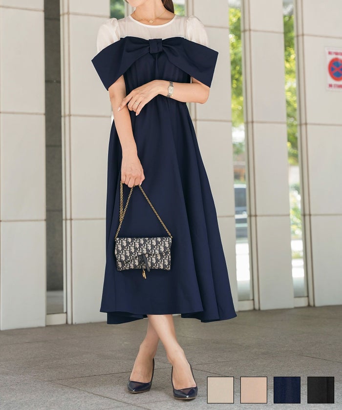 レディース ワンピース シアー リボン ドッキング 結婚式 お呼ばれ パーティー フォーマル 透け感 ロング丈 ポケット付き オフショル風 ペールカラー 大人可愛い フェミニン グレージュ ピンクベージュ ネイビー ブラック シアー ドッキング リボン ワンピース le reve vaniller