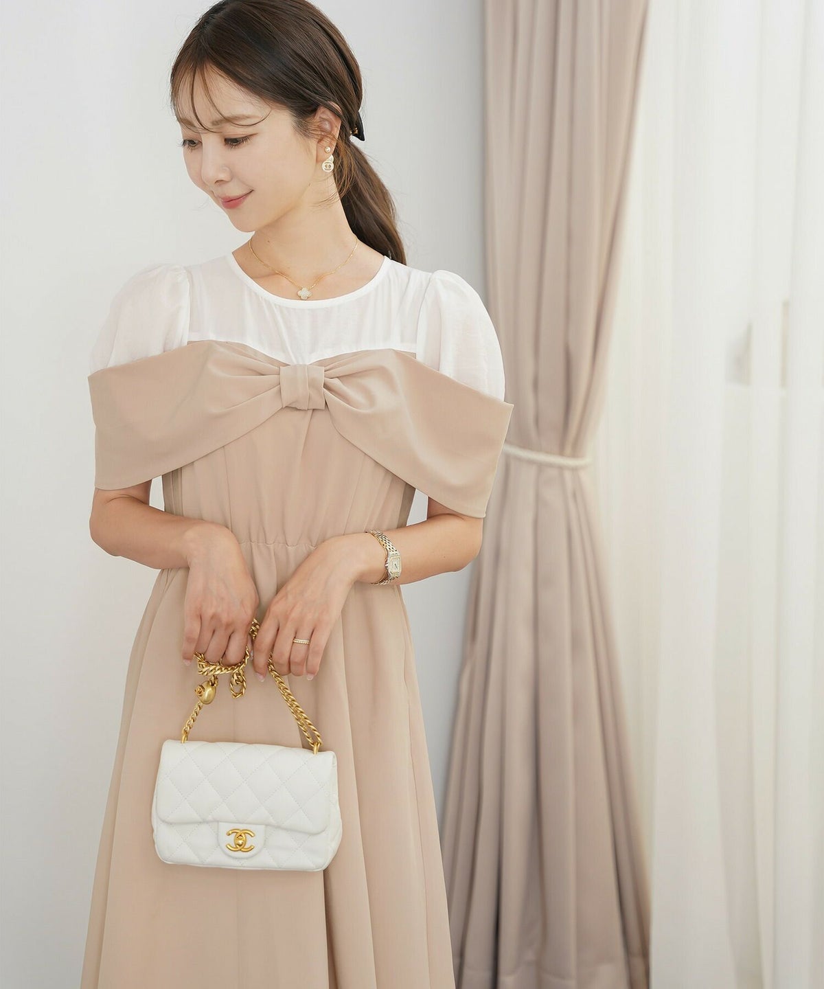 レディース ワンピース シアー リボン ドッキング 結婚式 お呼ばれ パーティー フォーマル 透け感 ロング丈 ポケット付き オフショル風 ペールカラー 大人可愛い フェミニン グレージュ ピンクベージュ ネイビー ブラック