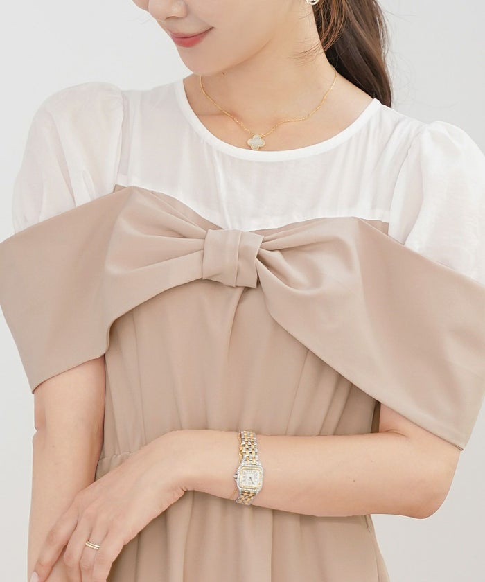 レディース ワンピース シアー リボン ドッキング 結婚式 お呼ばれ パーティー フォーマル 透け感 ロング丈 ポケット付き オフショル風 ペールカラー 大人可愛い フェミニン グレージュ ピンクベージュ ネイビー ブラック