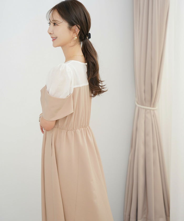 レディース ワンピース シアー リボン ドッキング 結婚式 お呼ばれ パーティー フォーマル 透け感 ロング丈 ポケット付き オフショル風 ペールカラー 大人可愛い フェミニン グレージュ ピンクベージュ ネイビー ブラック