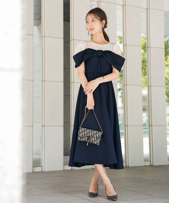 レディース ワンピース シアー リボン ドッキング 結婚式 お呼ばれ パーティー フォーマル 透け感 ロング丈 ポケット付き オフショル風 ペールカラー 大人可愛い フェミニン グレージュ ピンクベージュ ネイビー ブラック