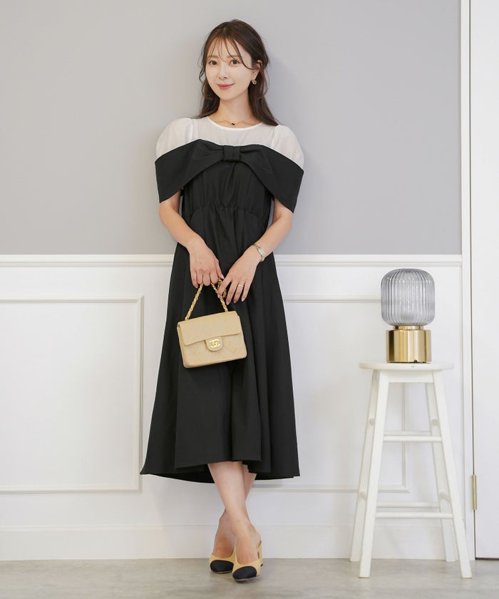 レディース ワンピース シアー リボン ドッキング 結婚式 お呼ばれ パーティー フォーマル 透け感 ロング丈 ポケット付き オフショル風 ペールカラー 大人可愛い フェミニン グレージュ ピンクベージュ ネイビー ブラック