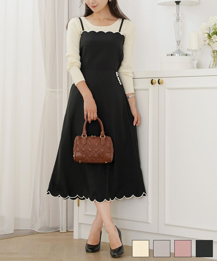 キャミ ワンピース スカラップ刺繍 ロング丈 無地 大人 フェミニン レディース 春夏 秋冬 アイボリー  ピンク チャコール ブラック オールシーズン スカラップ 刺繍 キャミ ワンピース le reve vaniller