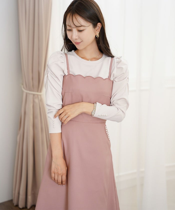 キャミ ワンピース スカラップ刺繍 ロング丈 無地 大人 フェミニン レディース 春夏 秋冬 アイボリー  ピンク チャコール ブラック オールシーズン