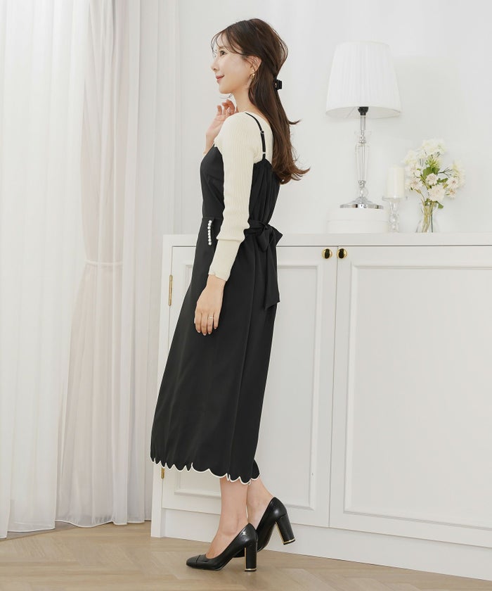 キャミ ワンピース スカラップ刺繍 ロング丈 無地 大人 フェミニン レディース 春夏 秋冬 アイボリー  ピンク チャコール ブラック オールシーズン