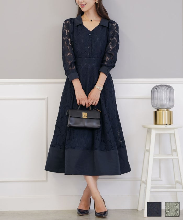 花柄 ワンピース タフタ 切替 襟 異素材 長袖 レース ジョイントスペース 花柄 レース コンビ ワンピース le reve vaniller