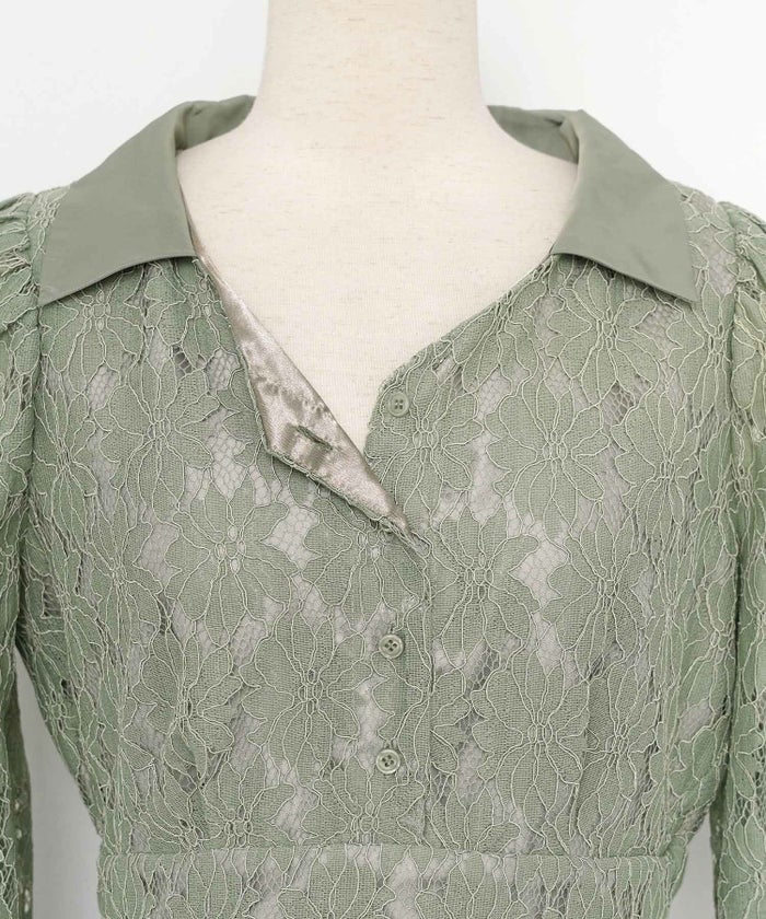 花柄 ワンピース タフタ 切替 開襟 フレア シルエット 長袖 レース タック入り 裏地付き ポケット付き 9分袖 ギャザー 袖口カフス 大人フェミニン 上品 華やか 女性らしい 立体感 エレガント 季節感 透け感 セミオケージョン 結婚式 デート 食事会