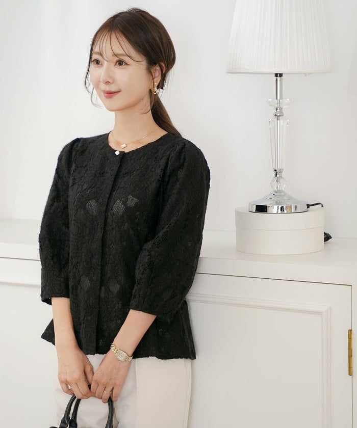 レース ブラウス 起毛 トップス 花柄 ペイズリー ランタンスリーブ 二の腕カバー パールボタン 7分袖 フェミニン 秋冬 ウエストシェイプ 大人可愛い 上品 華やか フェミニン エレガント きれいめ