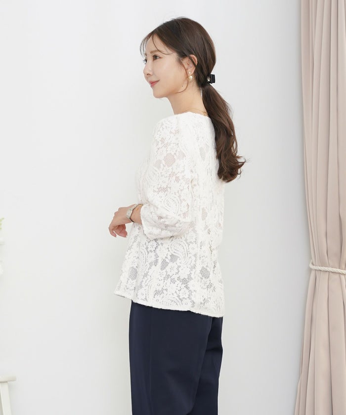 レース ブラウス 起毛 トップス 花柄 ペイズリー ランタンスリーブ 二の腕カバー パールボタン 7分袖 フェミニン 秋冬 ウエストシェイプ 大人可愛い 上品 華やか フェミニン エレガント きれいめ