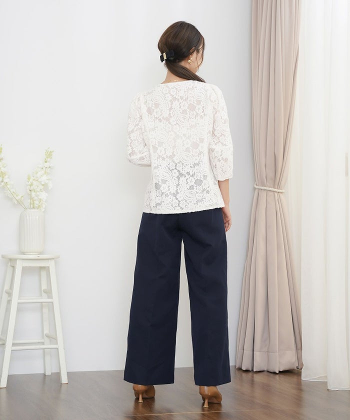 レース ブラウス 起毛 トップス 花柄 ペイズリー ランタンスリーブ 二の腕カバー パールボタン 7分袖 フェミニン 秋冬 ウエストシェイプ 大人可愛い 上品 華やか フェミニン エレガント きれいめ