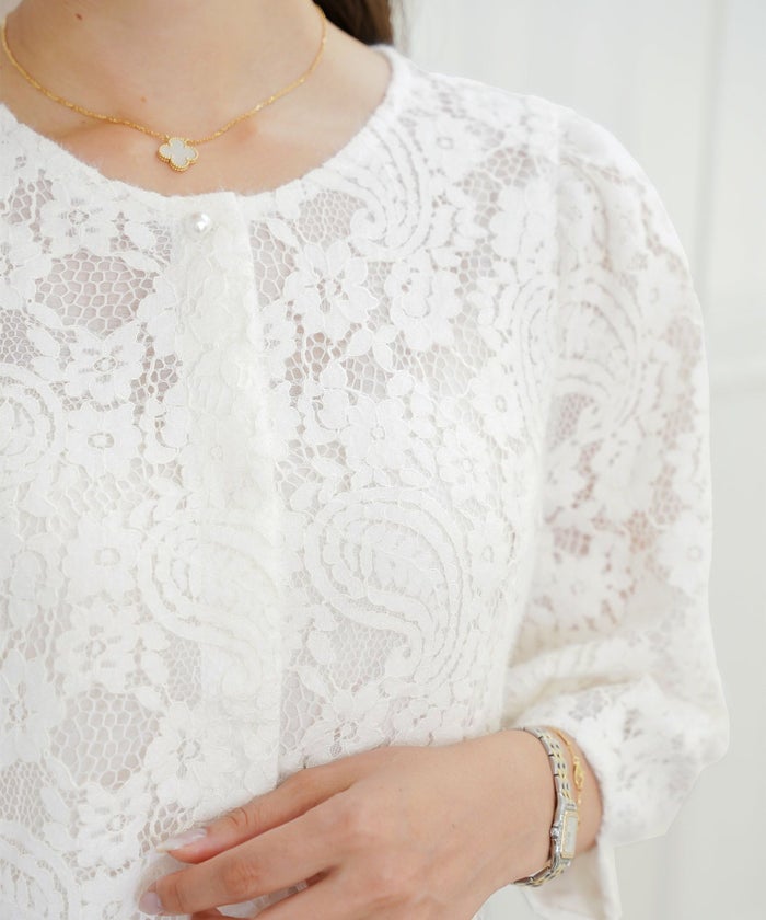 レース ブラウス 起毛 トップス 花柄 ペイズリー ランタンスリーブ 二の腕カバー パールボタン 7分袖 フェミニン 秋冬 ウエストシェイプ 大人可愛い 上品 華やか フェミニン エレガント きれいめ