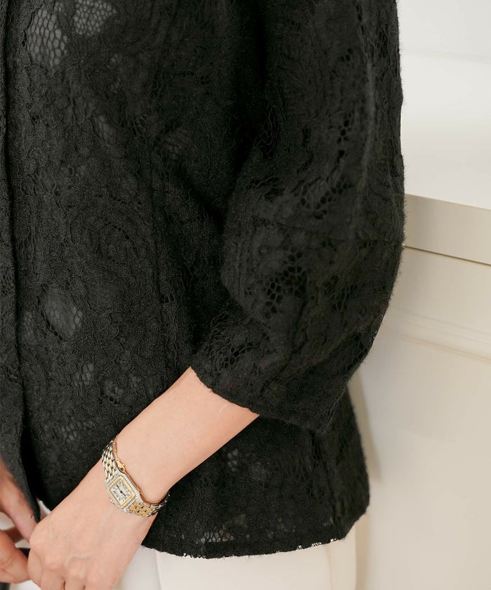 レース ブラウス 起毛 トップス 花柄 ペイズリー ランタンスリーブ 二の腕カバー パールボタン 7分袖 フェミニン 秋冬 ウエストシェイプ 大人可愛い 上品 華やか フェミニン エレガント きれいめ