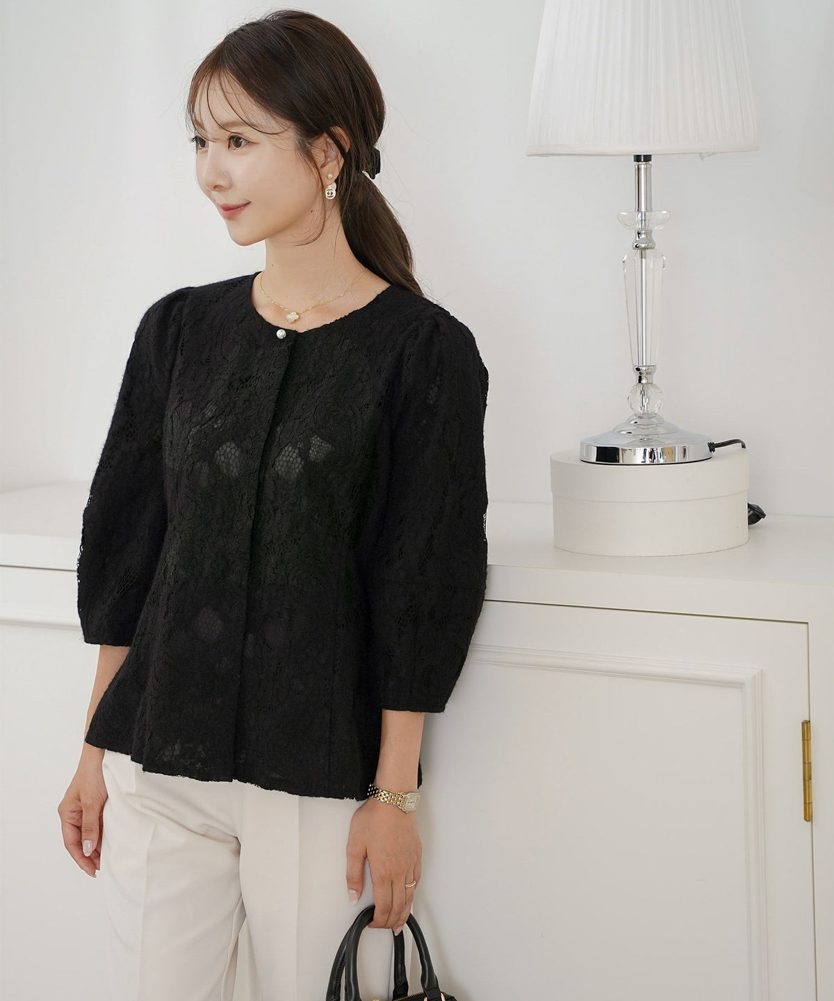 レース ブラウス 起毛 トップス 花柄 ペイズリー ランタンスリーブ 二の腕カバー パールボタン 7分袖 フェミニン 秋冬 ウエストシェイプ 大人可愛い 上品 華やか フェミニン エレガント きれいめ