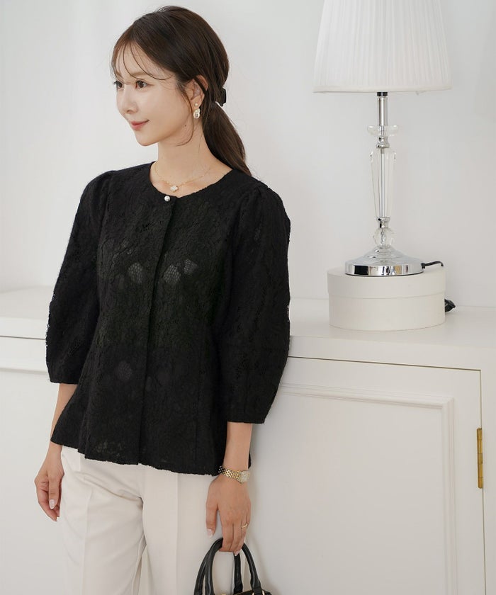 レース ブラウス 起毛 トップス 花柄 ペイズリー ランタンスリーブ 二の腕カバー パールボタン 7分袖 フェミニン 秋冬 ウエストシェイプ 大人可愛い 上品 華やか フェミニン エレガント きれいめ