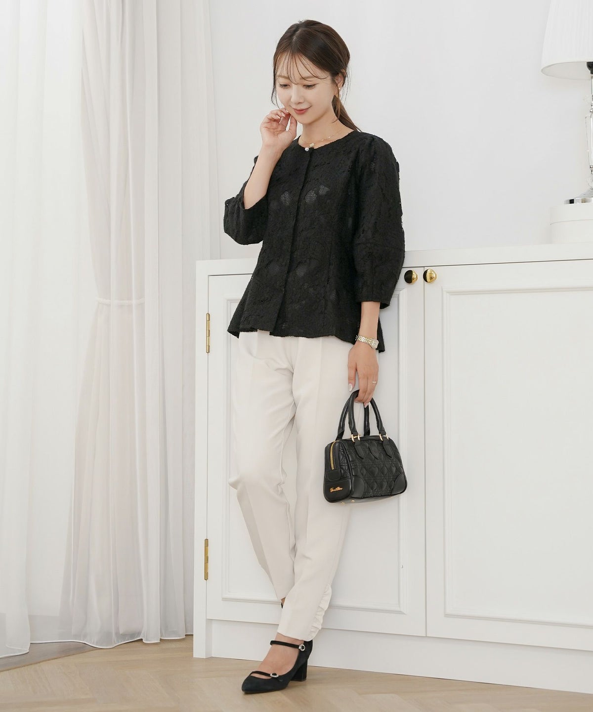 レース ブラウス 起毛 トップス 花柄 ペイズリー ランタンスリーブ 二の腕カバー パールボタン 7分袖 フェミニン 秋冬 ウエストシェイプ 大人可愛い 上品 華やか フェミニン エレガント きれいめ