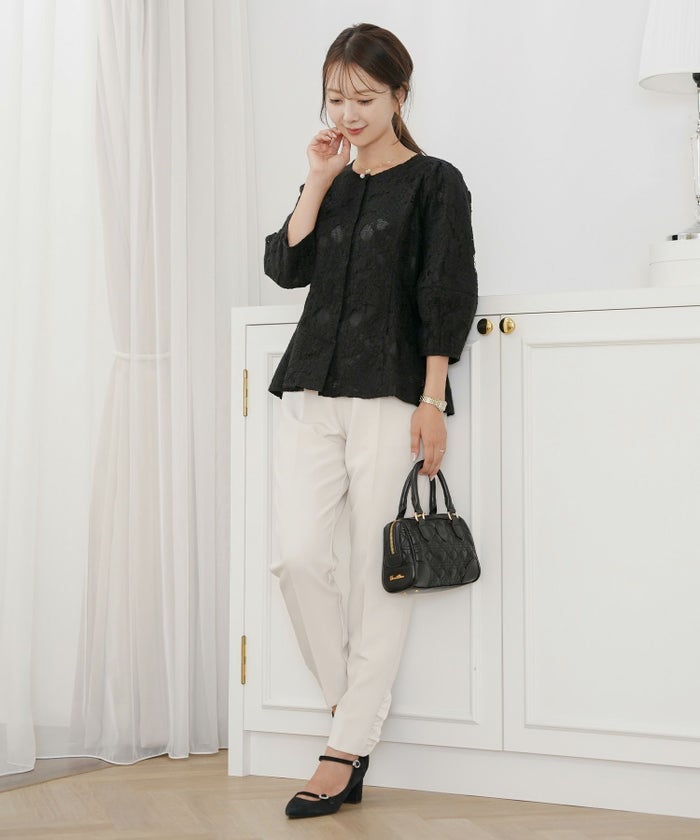 レース ブラウス 起毛 トップス 花柄 ペイズリー ランタンスリーブ 二の腕カバー パールボタン 7分袖 フェミニン 秋冬 ウエストシェイプ 大人可愛い 上品 華やか フェミニン エレガント きれいめ