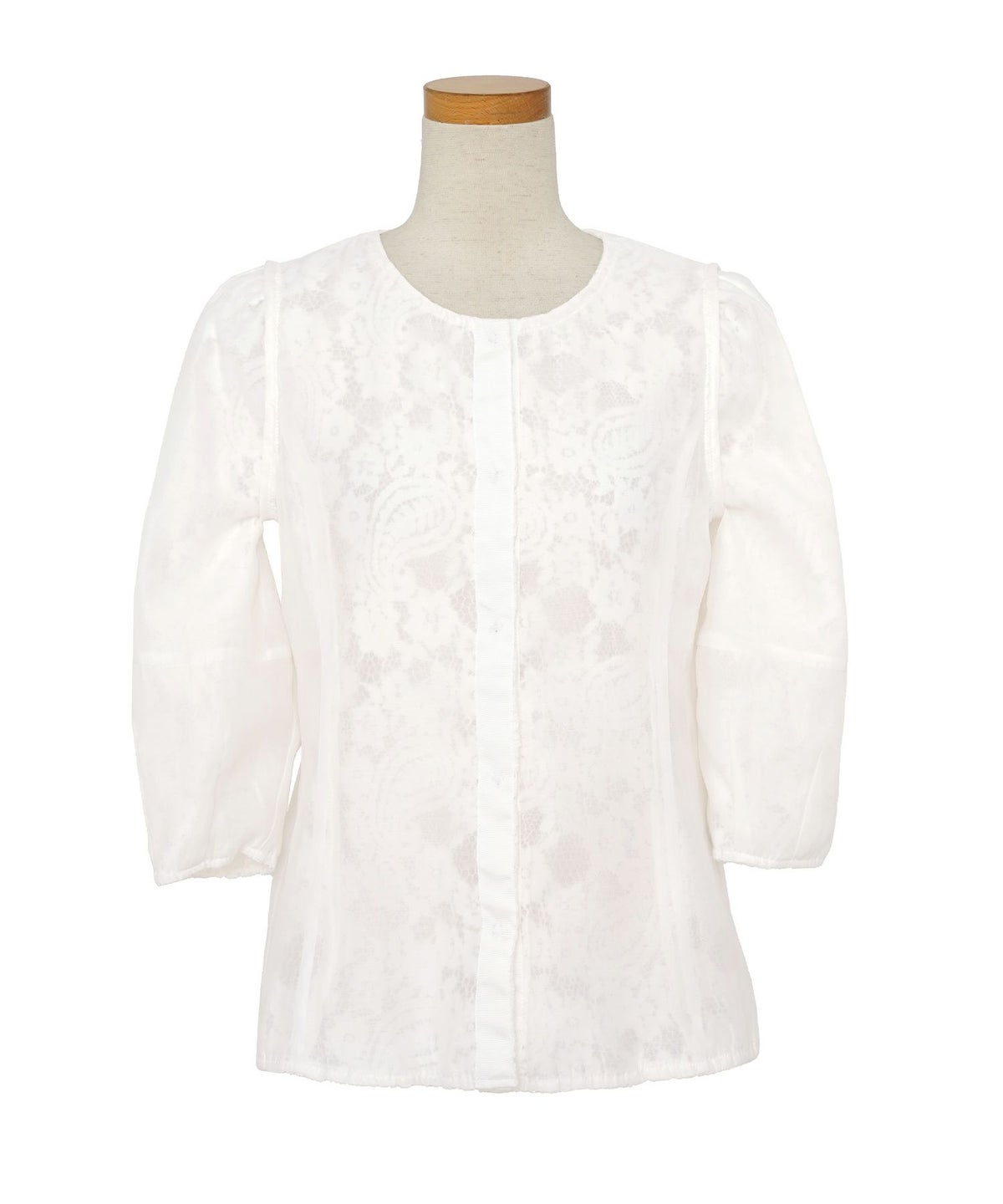 レース ブラウス 起毛 トップス 花柄 ペイズリー ランタンスリーブ 二の腕カバー パールボタン 7分袖 フェミニン 秋冬 ウエストシェイプ 大人可愛い 上品 華やか フェミニン エレガント きれいめ