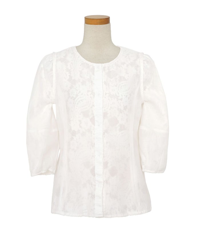 レース ブラウス 起毛 トップス 花柄 ペイズリー ランタンスリーブ 二の腕カバー パールボタン 7分袖 フェミニン 秋冬 ウエストシェイプ 大人可愛い 上品 華やか フェミニン エレガント きれいめ