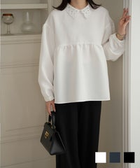 レース 襟付き ブラウス レディース レース襟 長袖 フレア ペプラム チュニック きれいめ 洗える ホワイト ネイビー ブラック M レース 襟付き ブラウス HUIT