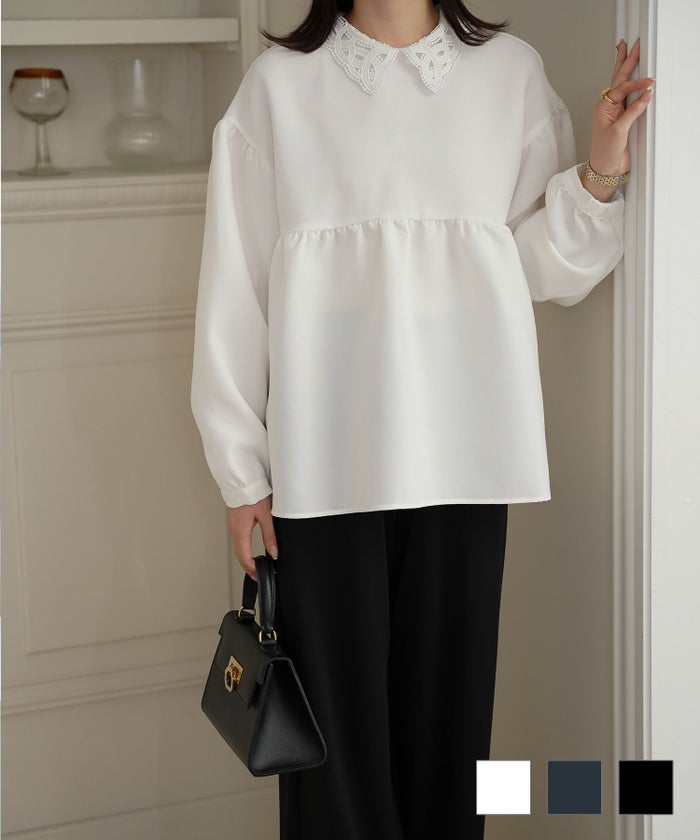 レース 襟付き ブラウス レディース レース襟 長袖 フレア ペプラム チュニック きれいめ 洗える ホワイト ネイビー ブラック M レース 襟付き ブラウス HUIT