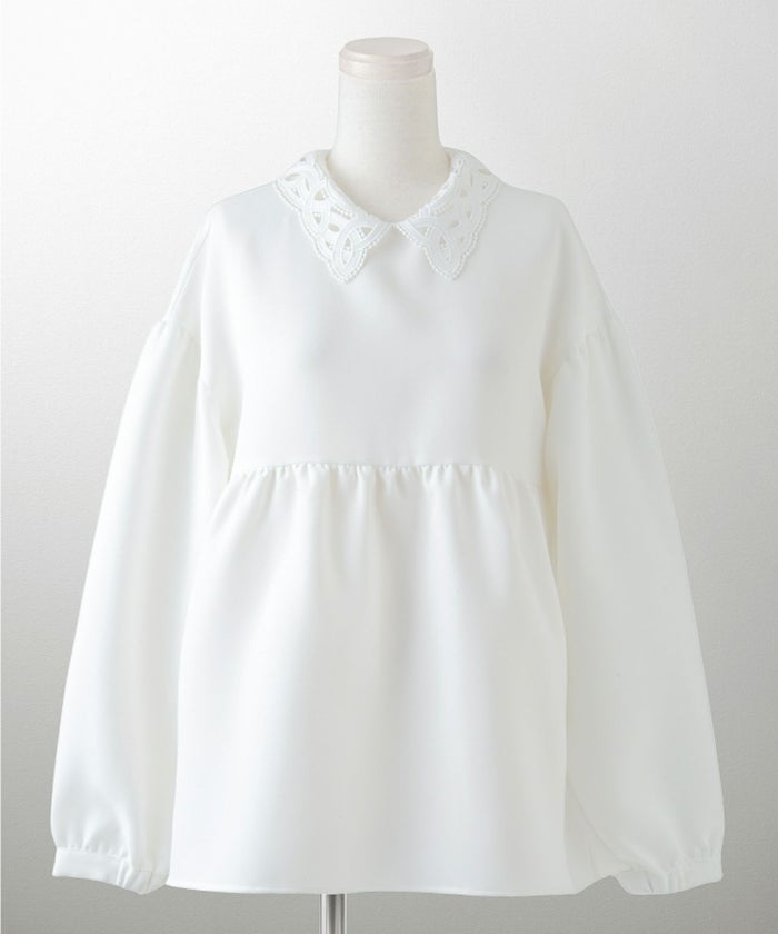 レース 襟付き ブラウス レディース レース襟 長袖 フレア ペプラム チュニック きれいめ 洗える ホワイト/ネイビー/ブラック/M