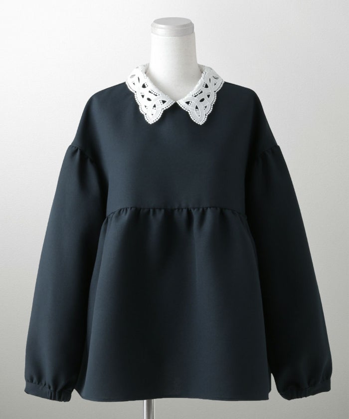 レース 襟付き ブラウス レディース レース襟 長袖 フレア ペプラム チュニック きれいめ 洗える ホワイト/ネイビー/ブラック/M