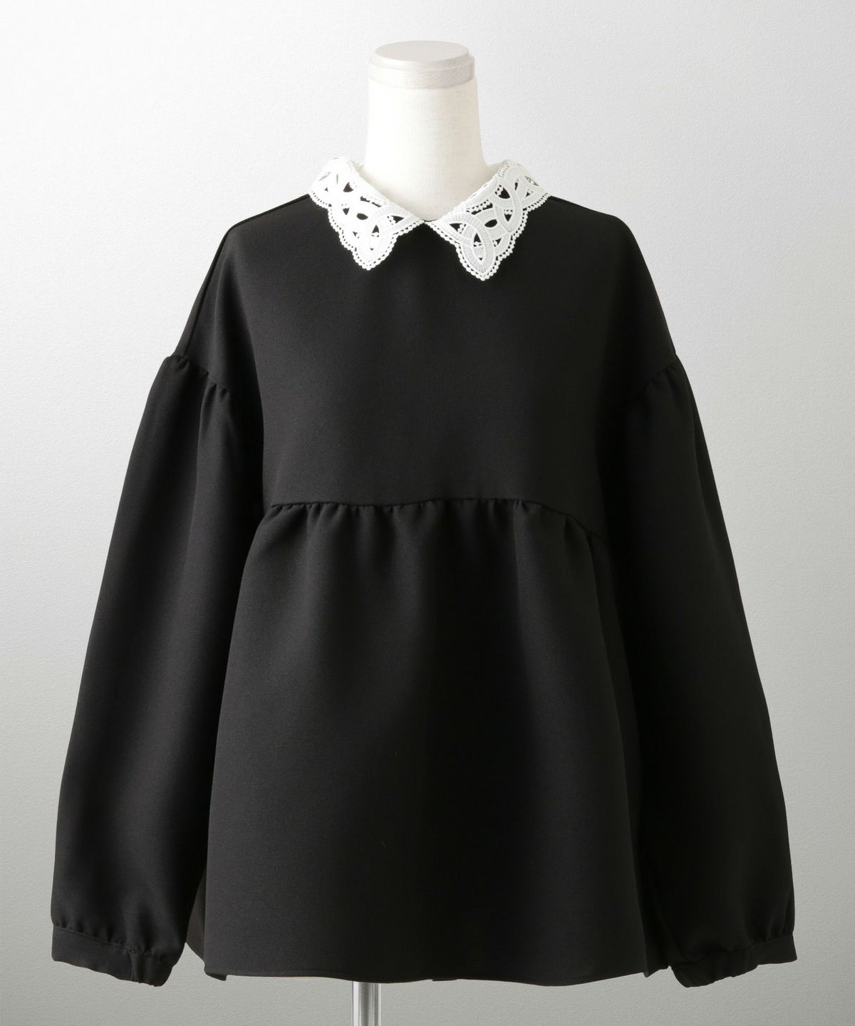 レース 襟付き ブラウス レディース レース襟 長袖 フレア ペプラム チュニック きれいめ 洗える ホワイト/ネイビー/ブラック/M