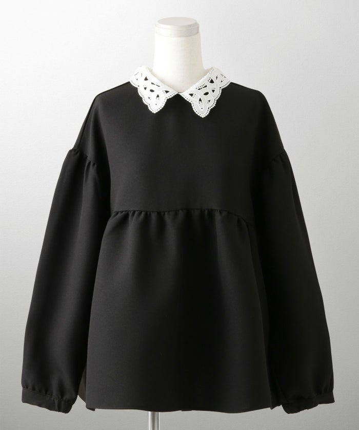 レース 襟付き ブラウス レディース レース襟 長袖 フレア ペプラム チュニック きれいめ 洗える ホワイト/ネイビー/ブラック/M