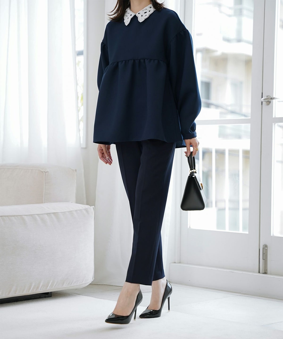 レース 襟付き ブラウス レディース レース襟 長袖 フレア ペプラム チュニック きれいめ 洗える ホワイト/ネイビー/ブラック/M