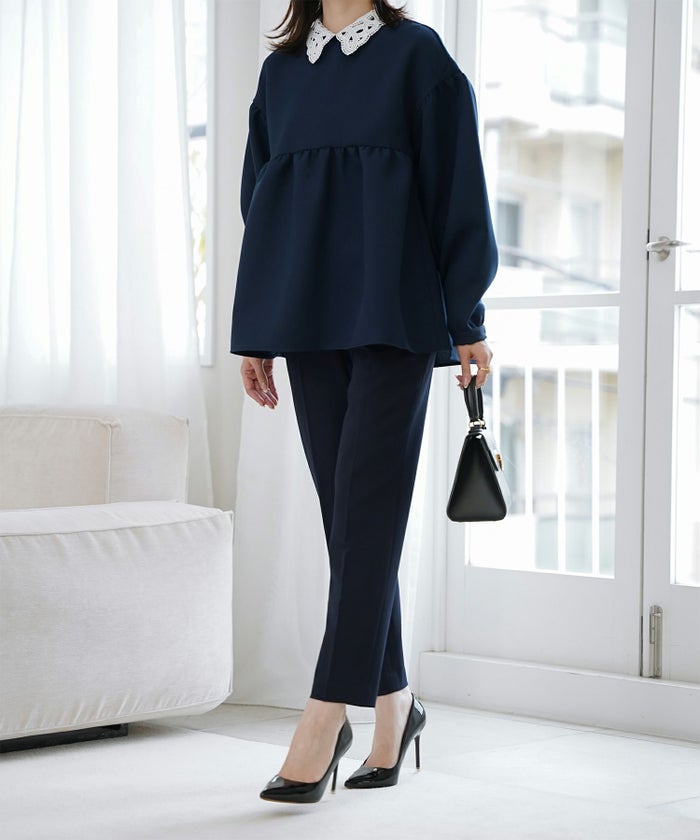 レース 襟付き ブラウス レディース レース襟 長袖 フレア ペプラム チュニック きれいめ 洗える ホワイト/ネイビー/ブラック/M