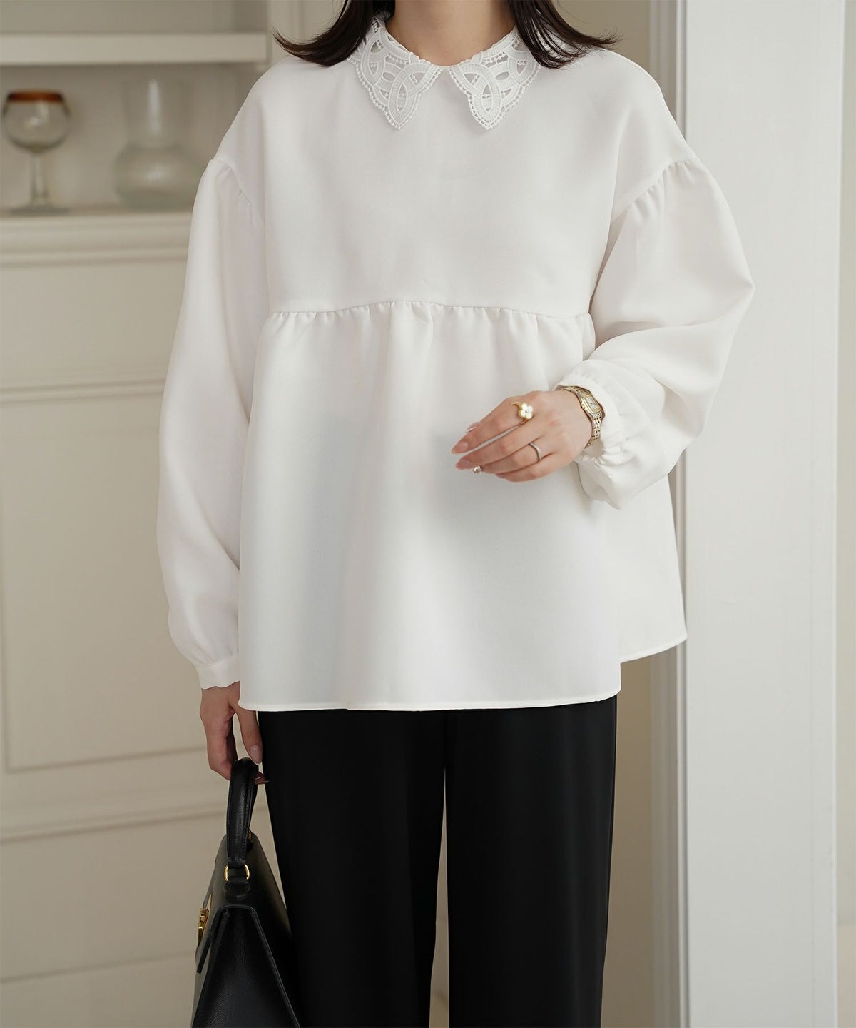 レース 襟付き ブラウス レディース レース襟 長袖 フレア ペプラム チュニック きれいめ 洗える ホワイト/ネイビー/ブラック/M
