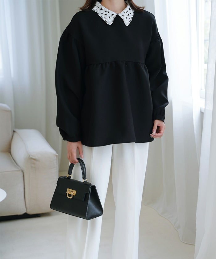 レース 襟付き ブラウス レディース レース襟 長袖 フレア ペプラム チュニック きれいめ 洗える ホワイト/ネイビー/ブラック/M