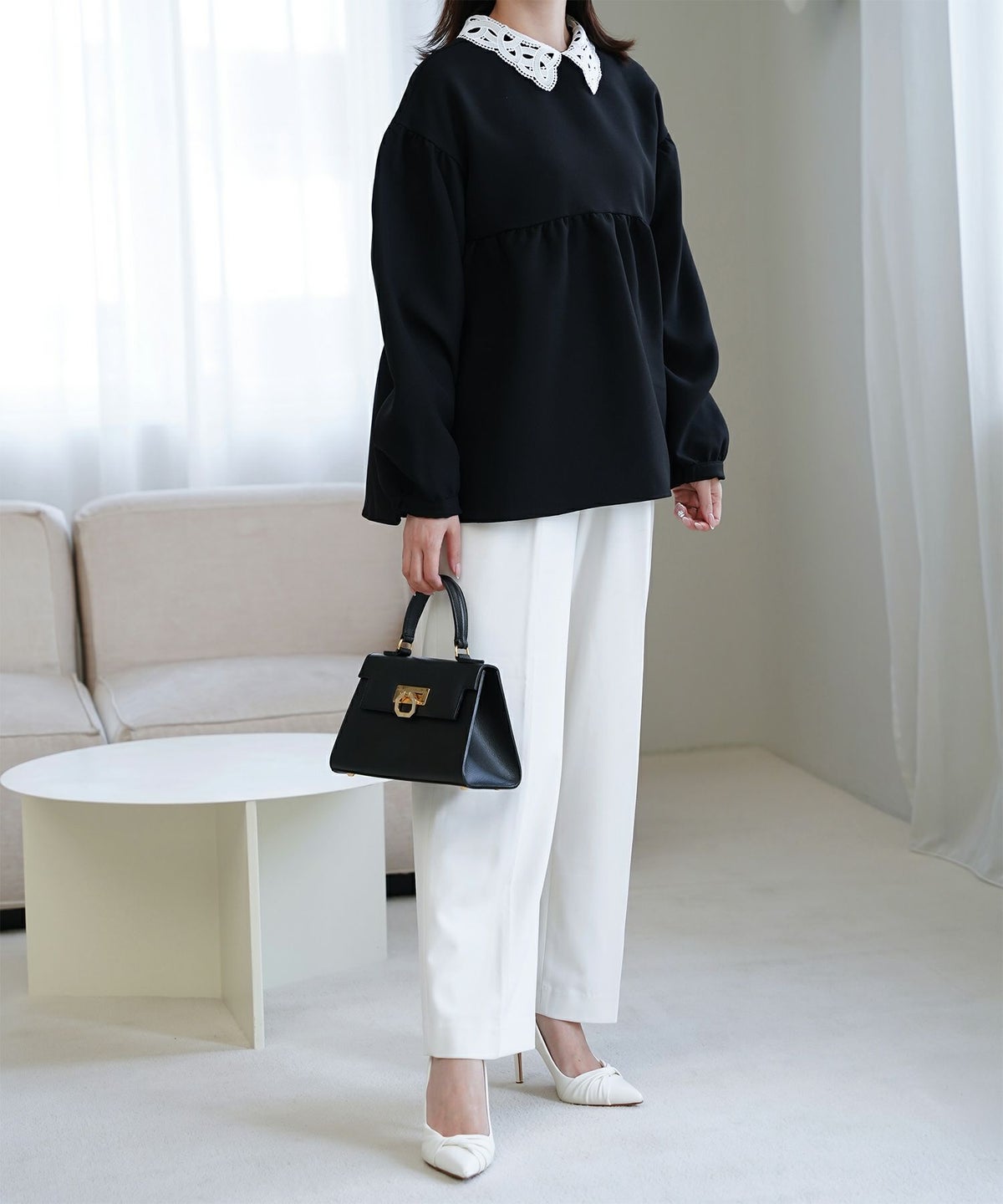 レース 襟付き ブラウス レディース レース襟 長袖 フレア ペプラム チュニック きれいめ 洗える ホワイト/ネイビー/ブラック/M