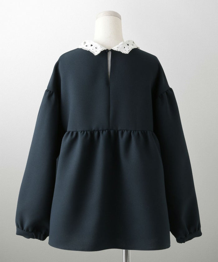 レース 襟付き ブラウス レディース レース襟 長袖 フレア ペプラム チュニック きれいめ 洗える ホワイト/ネイビー/ブラック/M