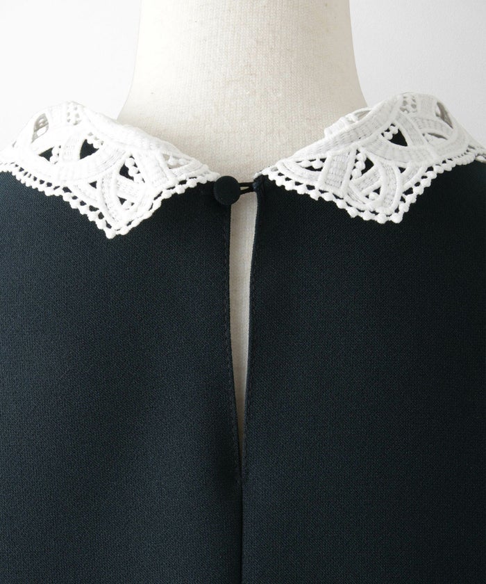 レース 襟付き ブラウス レディース レース襟 長袖 フレア ペプラム チュニック きれいめ 洗える ホワイト/ネイビー/ブラック/M