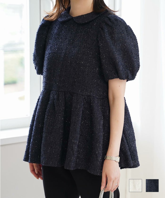 襟付き ツイード ペプラムトップス 丸襟 ツイード ラメ オフィス 学校行事 きれいめ 半袖 ホワイト ネイビー M 襟付き ツイード ペプラム トップス HUIT