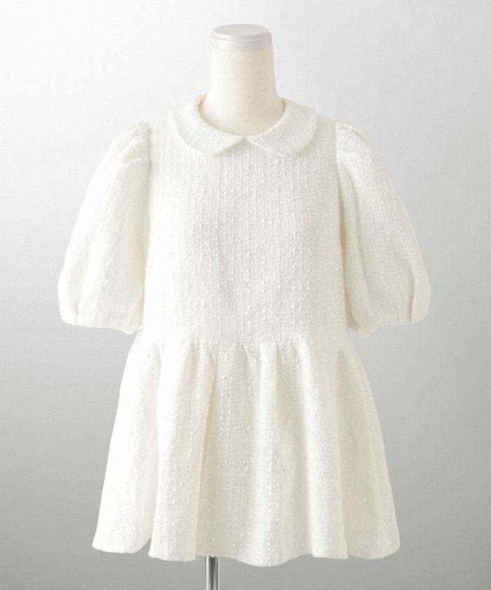 襟付き ツイード ペプラムトップス 丸襟 ツイード ラメ オフィス 学校行事 きれいめ 半袖 ホワイト/ネイビー/M