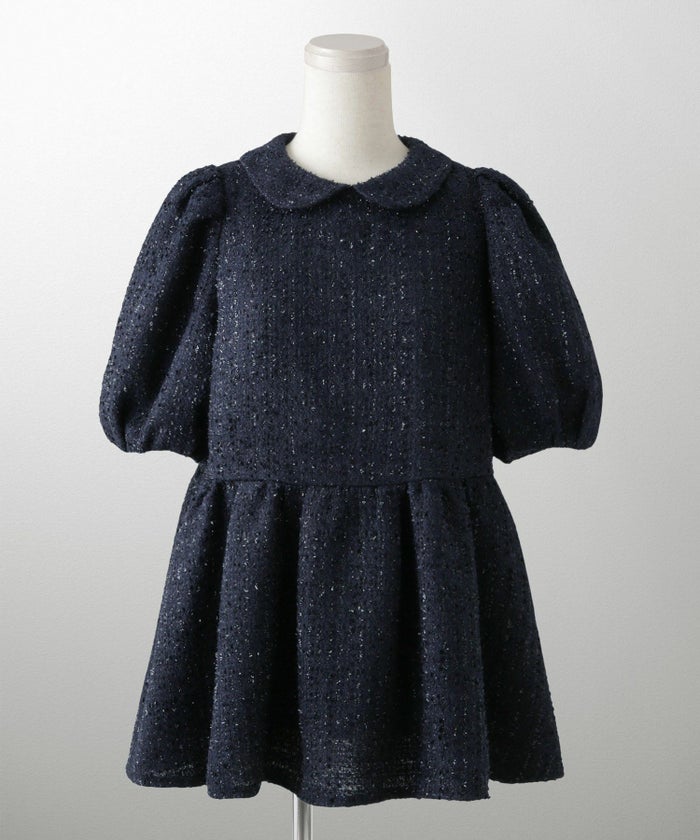 襟付き ツイード ペプラムトップス 丸襟 ツイード ラメ オフィス 学校行事 きれいめ 半袖 ホワイト/ネイビー/M