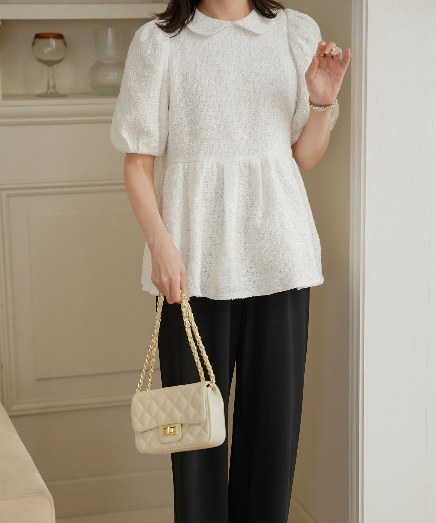 襟付き ツイード ペプラム トップス HUIT 全2色｜hit831-0288【1