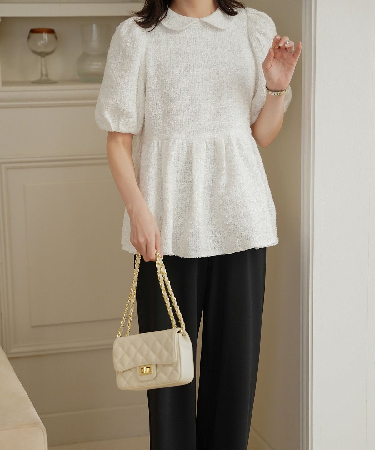 襟付き ツイード ペプラムトップス 丸襟 ツイード ラメ オフィス 学校行事 きれいめ 半袖 ホワイト/ネイビー/M