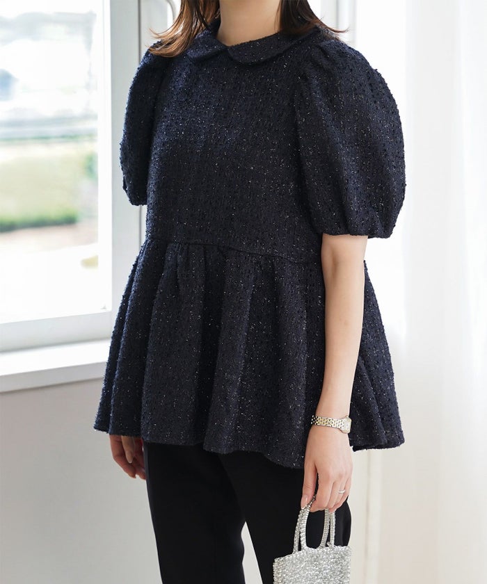 襟付き ツイード ペプラムトップス 丸襟 ツイード ラメ オフィス 学校行事 きれいめ 半袖 ホワイト/ネイビー/M