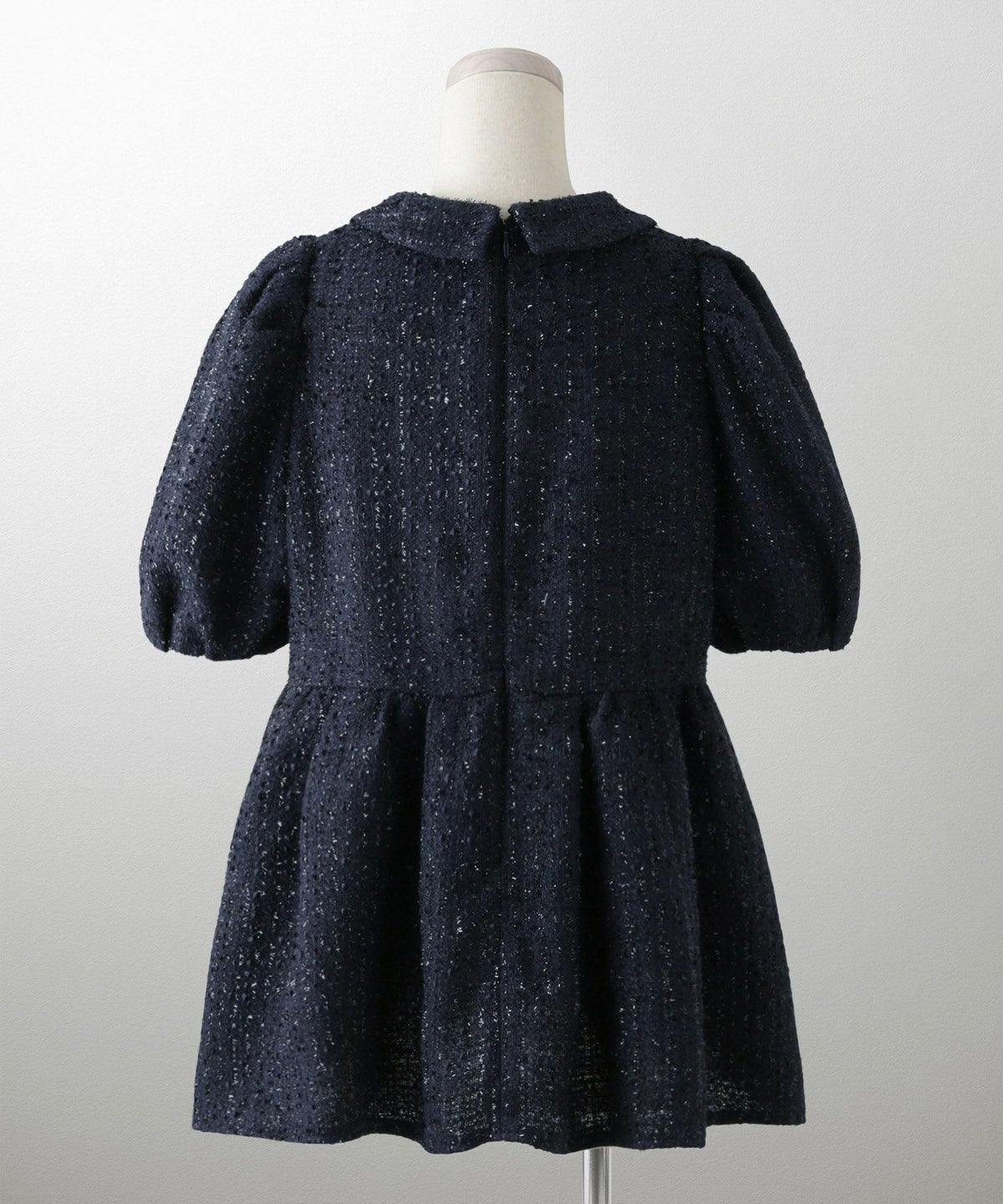 襟付き ツイード ペプラムトップス 丸襟 ツイード ラメ オフィス 学校行事 きれいめ 半袖 ホワイト/ネイビー/M