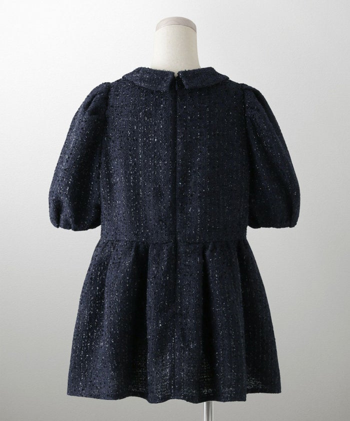 襟付き ツイード ペプラムトップス 丸襟 ツイード ラメ オフィス 学校行事 きれいめ 半袖 ホワイト/ネイビー/M